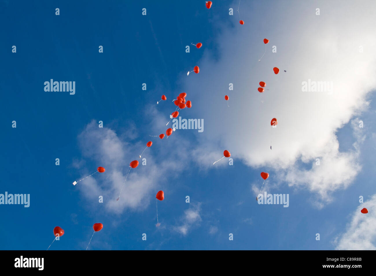 Deutschland, rotes Herz Form Luftballons mit Botschaften im Himmel Stockfoto