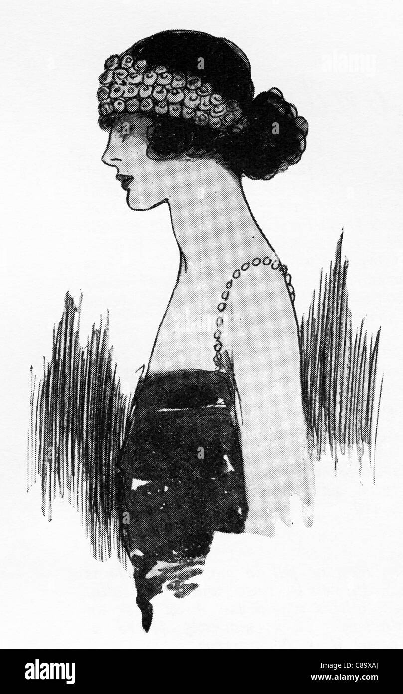 Mode-Illustration, ca. 1922. Breites Bandeau von kleinen rosa Rosen gemacht... Stockfoto
