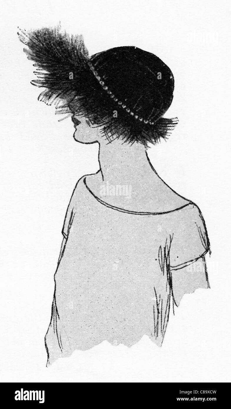 Mode-Illustration, ca. 1922. Hut des schwarzen Pannesamt mit gefiederten Krempe des schwarzen Kreuzes. Stockfoto
