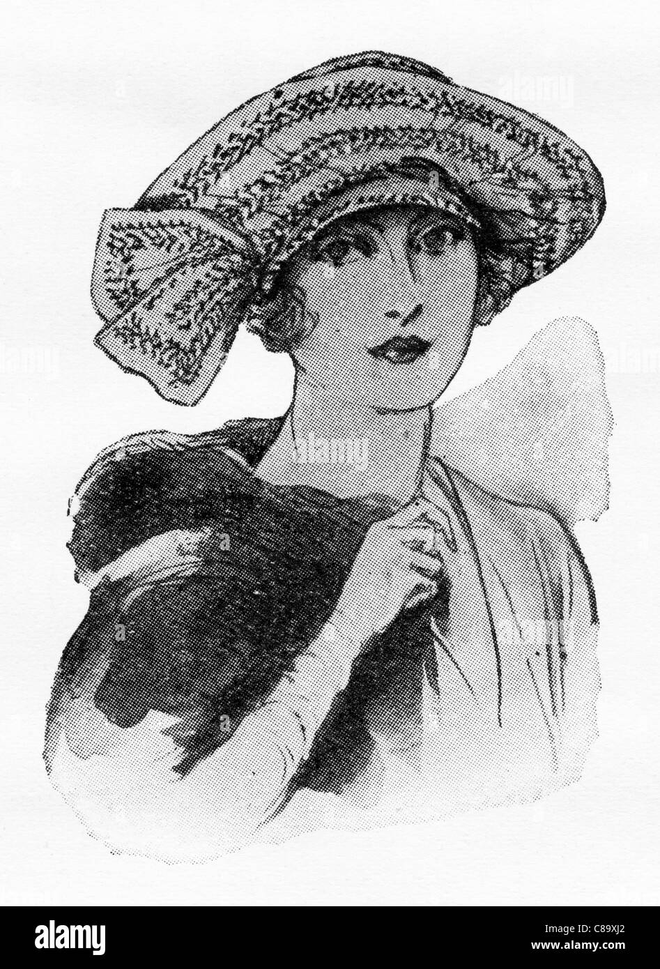 Mode-Illustration, ca. 1922. Hut mit grauen Monchon und grauer Chenille. Stockfoto