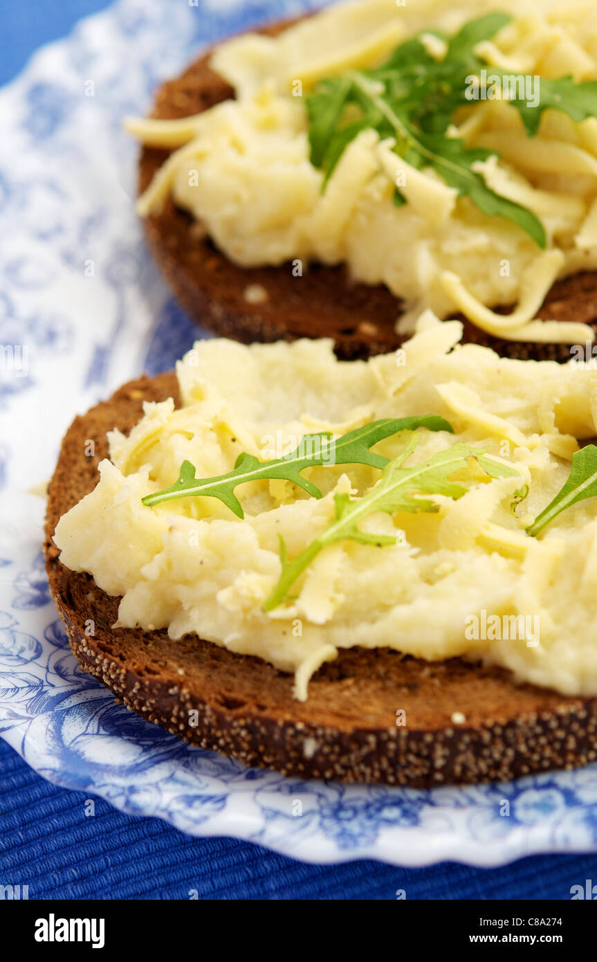 Platte mit Pastinaken Bruschetta mit Soja-Käse, Trüffelöl und Rucola. Stockfoto