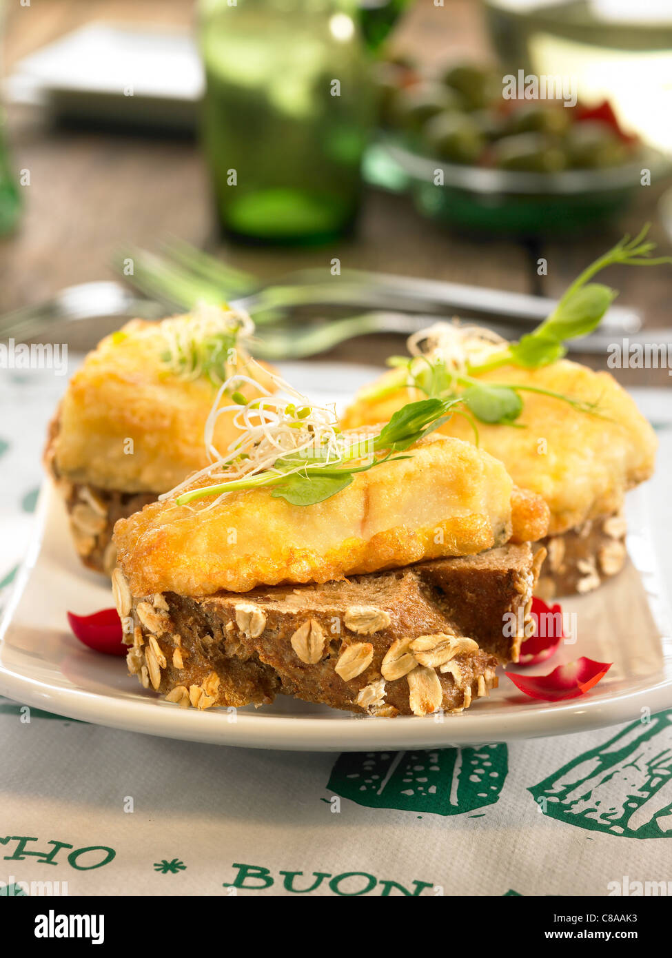 Kabeljau-Open-sandwich Stockfoto
