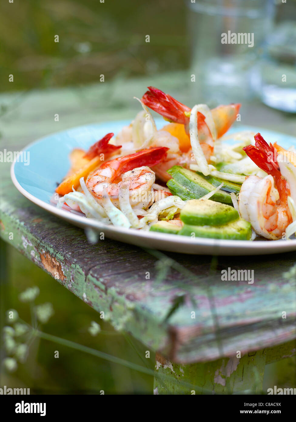 Shrimps-Salat im Garten Stockfoto