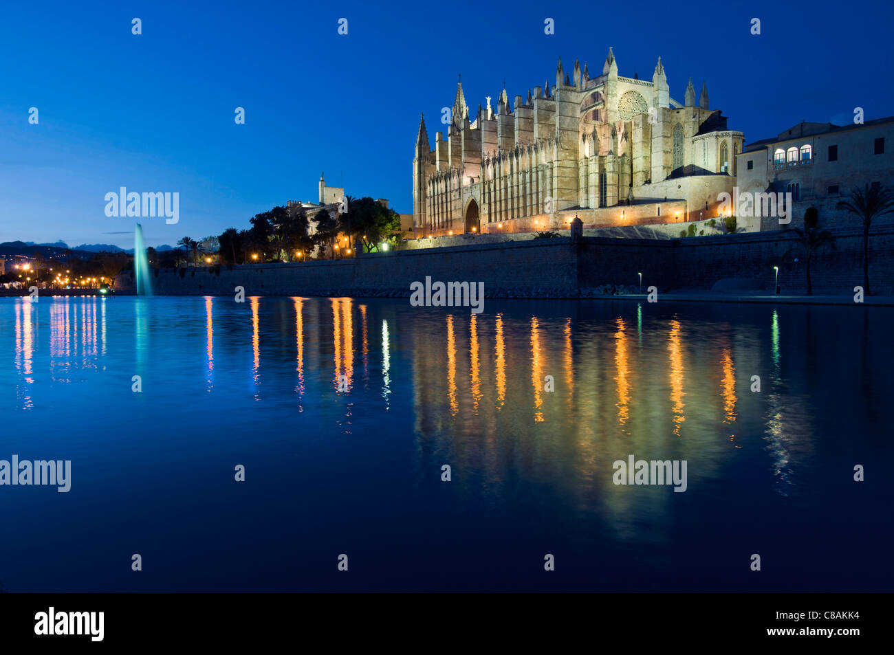 Palma Kathedrale La Seu in der Nacht mit der Almudaina Palast Parc de La Mar-Palma de Mallorca Balearen Spanien Stockfoto