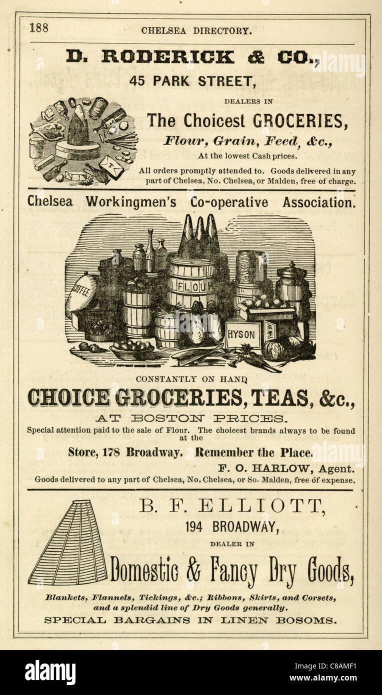 1870 Kleinanzeigen Inserate aus einem Chelsea, MA-Stadt-Verzeichnis. Stockfoto