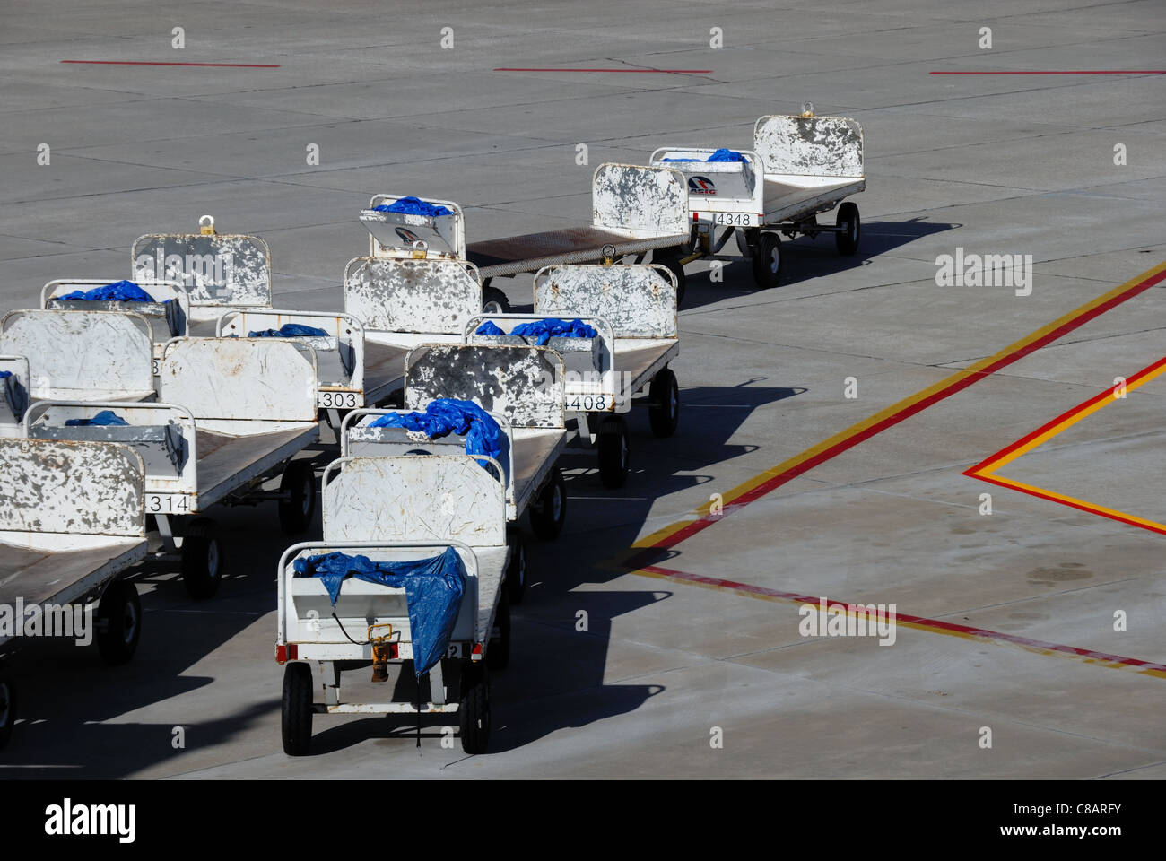 Gepäck-Transportfahrzeuge auf einer Landebahn des Flughafens, Tampa, Florida. Stockfoto