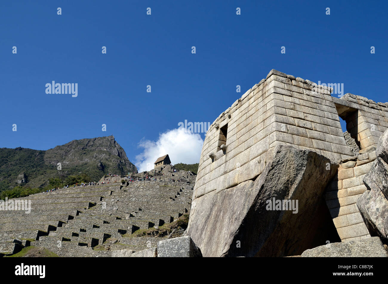 Peru Tempel Architektur Inka Rock graue Ruine Machu Picchu Panorama Machu Picchu Macchu Pichu Unesco Weltkulturerbe Website-Stadt ru Stockfoto