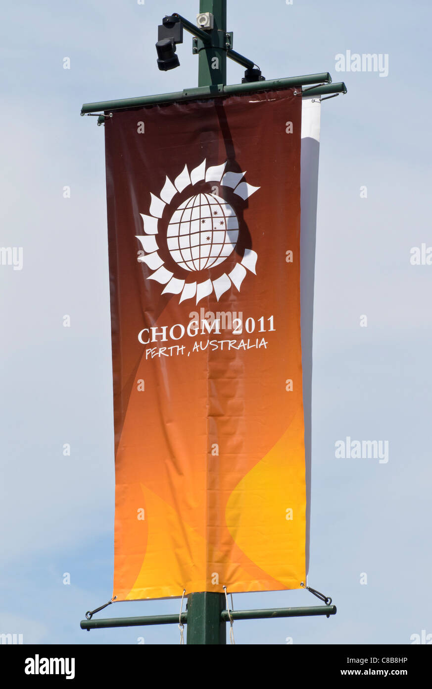Commonwealth Köpfe der Regierung Sitzung (CHOGM) Banner entlang St. Georges Tce, Perth, Western Australia Stockfoto