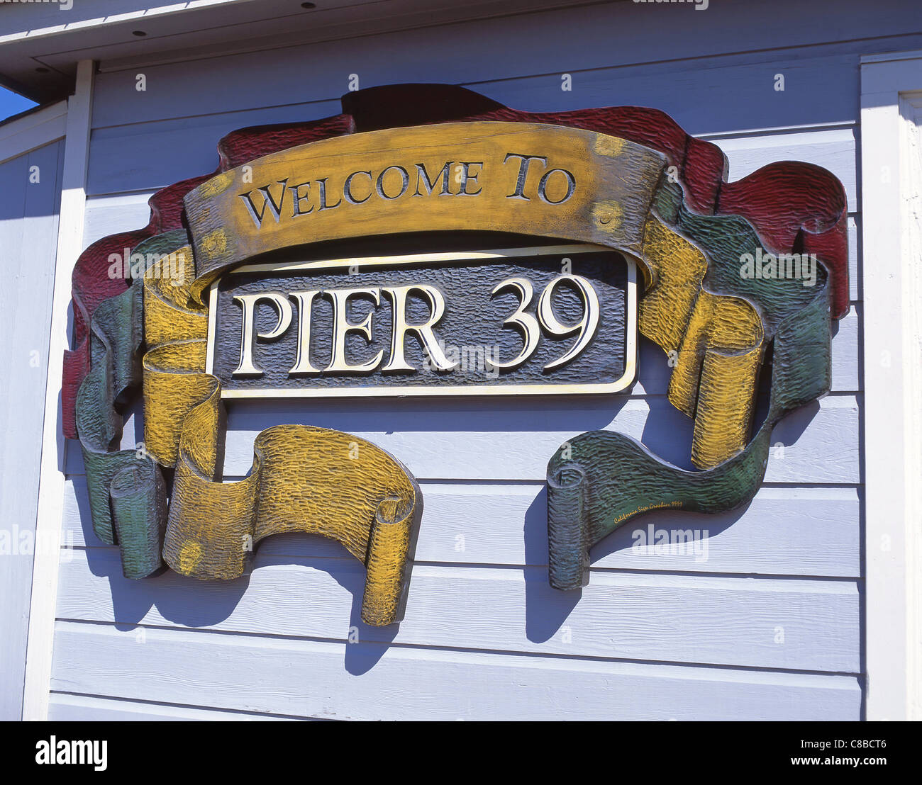 Pier 39 Ortseingangsschild, San Francisco, California, Vereinigte Staaten von Amerika Stockfoto