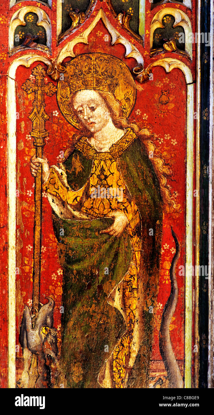 Filby, Norfolk, Lettner, St. Margarete von Antiochia mit Crozier und Drachen weiblichen Heiligen Heiligen englischen mittelalterlichen Bildschirme Stockfoto