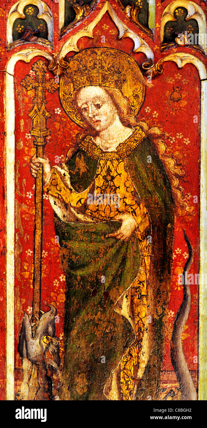 Filby, Norfolk, Lettner, St. Margarete von Antiochia mit Crozier und Drachen weiblichen Heiligen Heiligen englischen mittelalterlichen Bildschirme Stockfoto
