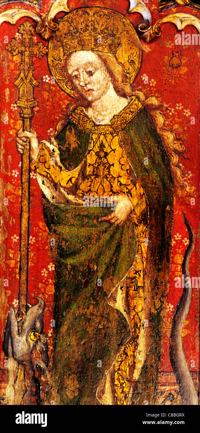 Filby, Norfolk, Lettner, Heiligen St. Margarete von Antiochia mit Bischofsstab und Drachen, weiblichen Heiligen englischen mittelalterlichen Bildschirme Stockfoto