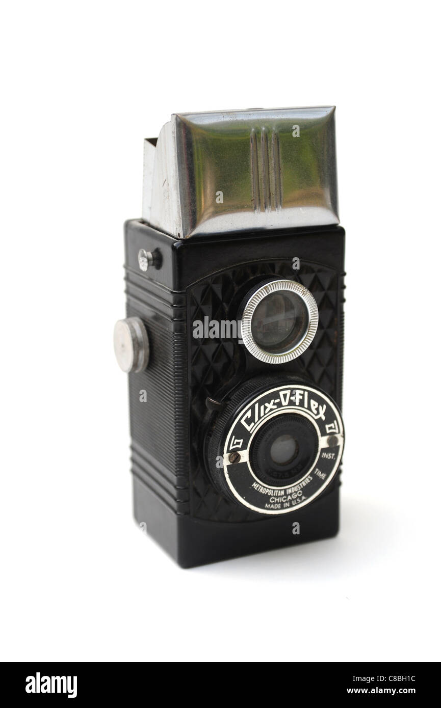Vintage Foto Film Kamera Antik auf weiß ausgeschnitten. Clix-O-Flex Pseudo TLR Kamera stellte Metropolitan Industries Stockfoto