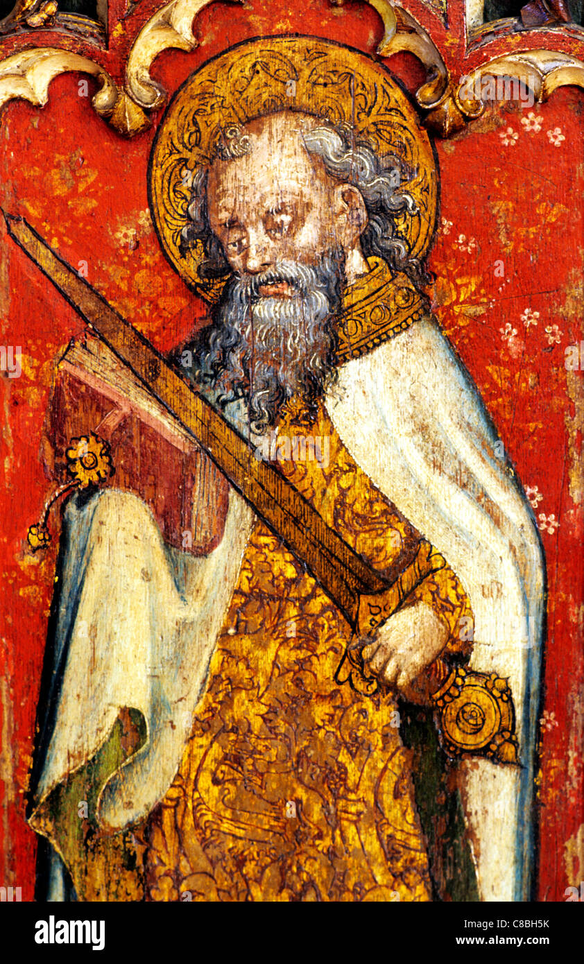 Filby, Norfolk, Lettner, St. Paul mit männlichen Schwertheiliger Heiligen englischen mittelalterlichen Bildschirme Malerei Gemälde gemalt panel Stockfoto