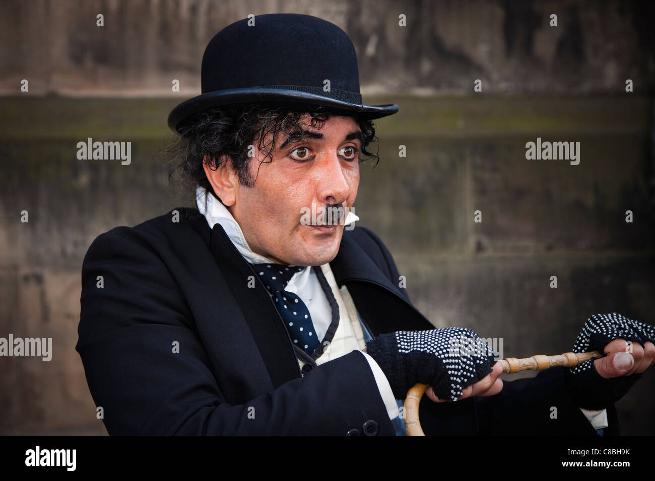 Straße Schauspieler beim Edinburgh Fringe Festival, imitieren, Charlie Chaplin, Schottland, UK, Großbritannien Stockfoto