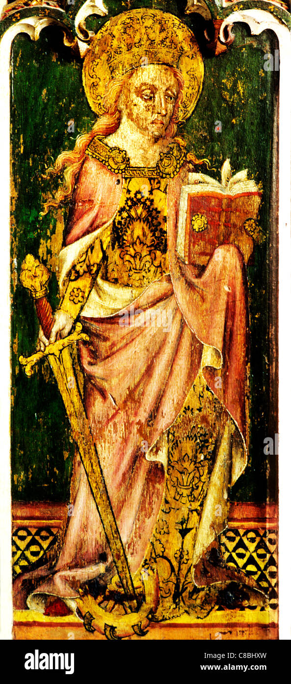 Filby, Norfolk, Lettner, Hl. Katharina von Alexandria, Schwert, Buch, Rad weibliche Heilige der Heiligen englischen mittelalterlichen Bildschirme Stockfoto