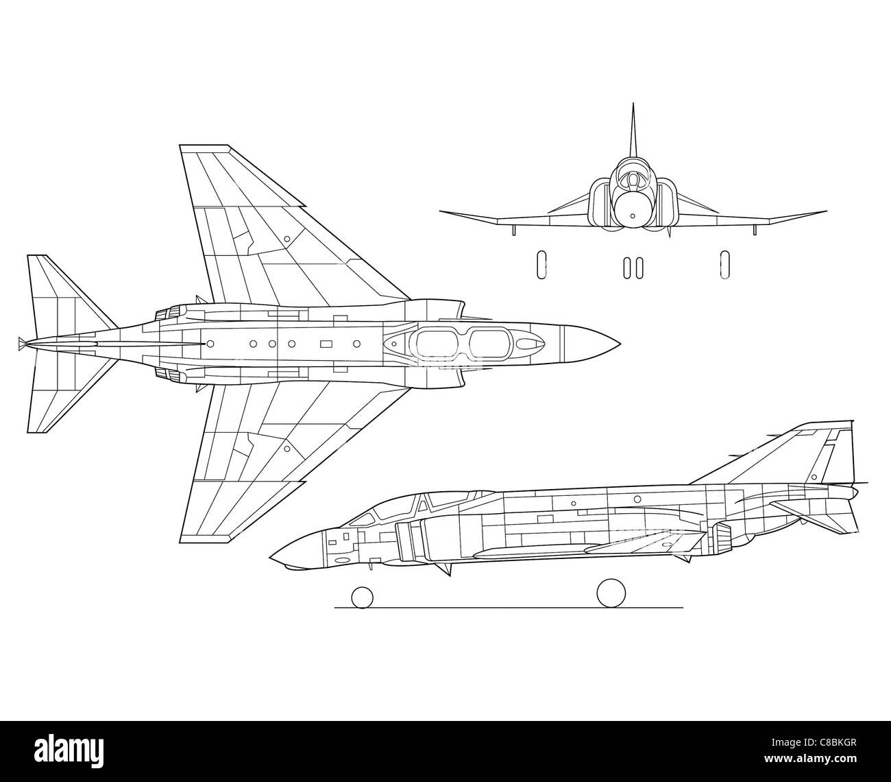 Die F-4A Phantom II ist ein zweisitziger, zweisitziger Überschalljäger und Jagdbomber für Allwetter. Diese Strichgrafik zeigt drei Ansichten des Flugzeugs und zeigt sein Design und seine aerodynamischen Merkmale. Stockfoto