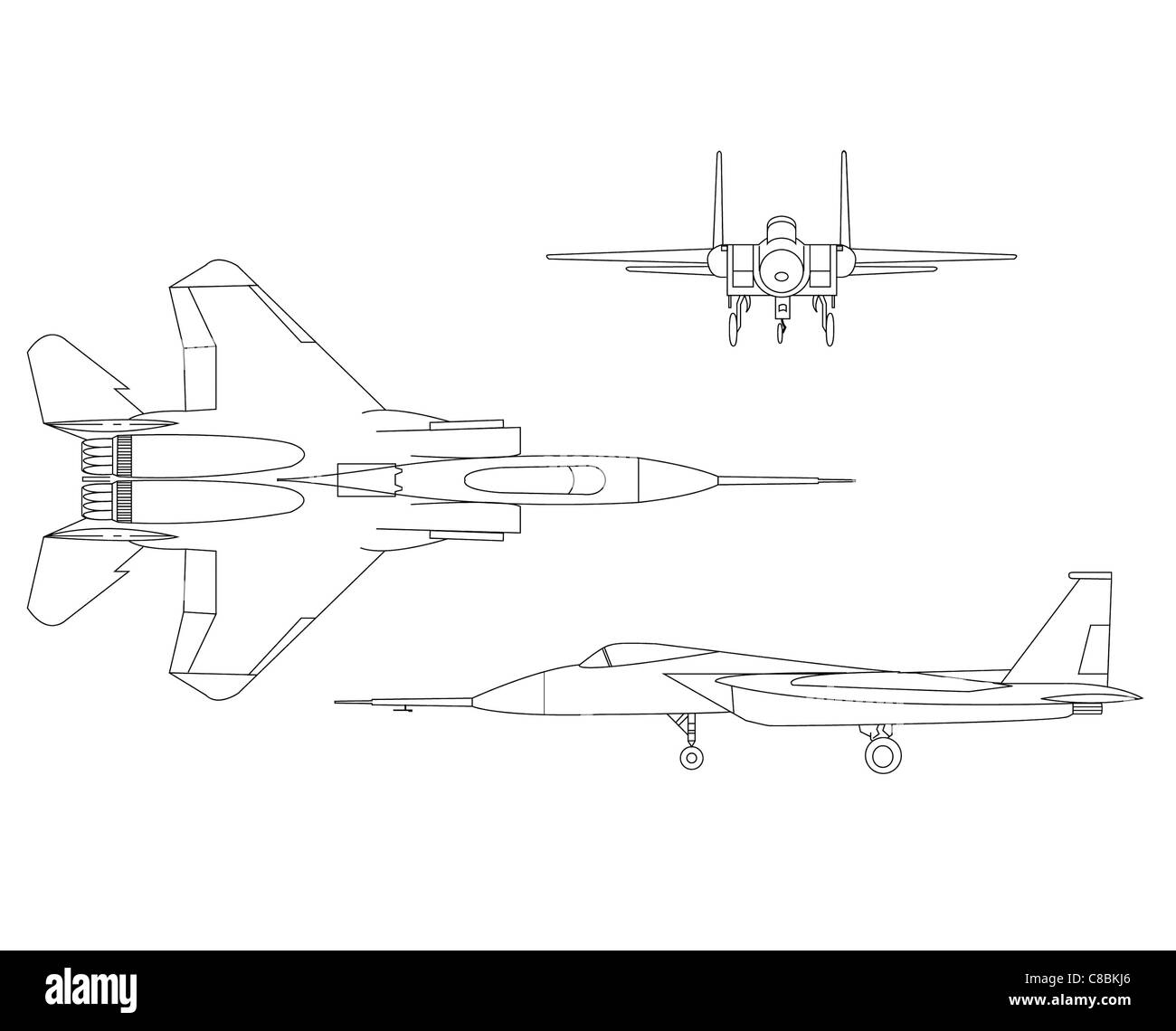 Der F-15A Eagle, dargestellt in einer 3-Ansicht-Zeichnung, zeigt sein Design und seine Merkmale. Die F-15A ist ein Kampfflugzeug der United States Air Force, das für seine hohe Leistung und Kampffähigkeit bekannt ist. Stockfoto
