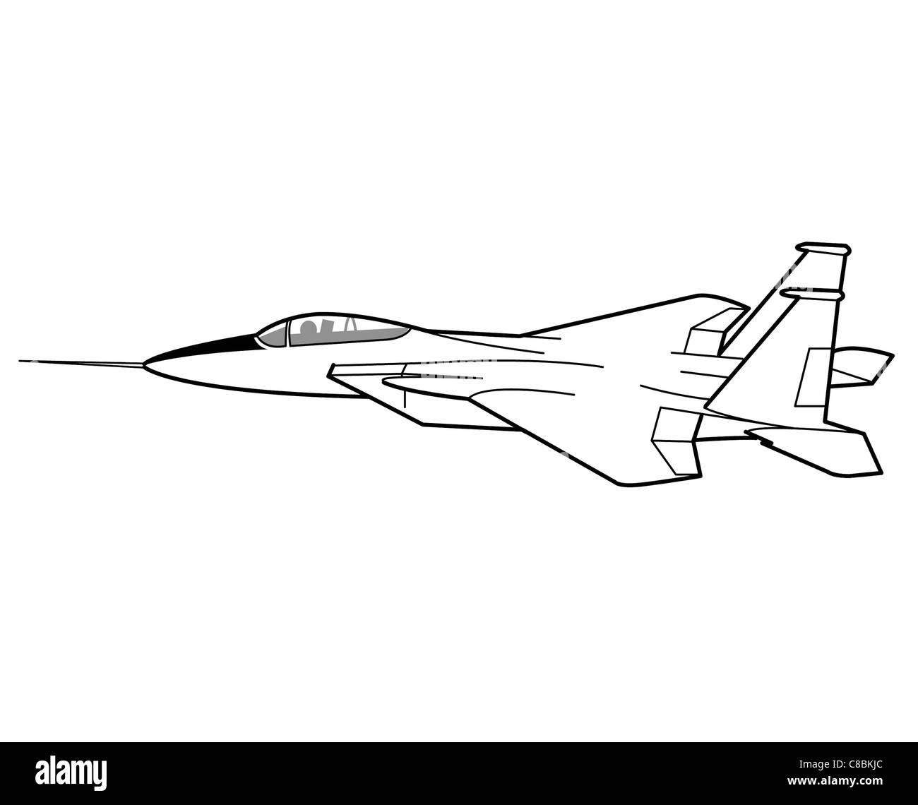 Der F-15A Eagle ist in dieser Zeichnung mit drei Ansichten dargestellt. Die F-15 ist ein taktisches Überschallflugzeug, das von McDonnell Douglas entwickelt und von der US Air Force weit verbreitet wurde. Stockfoto
