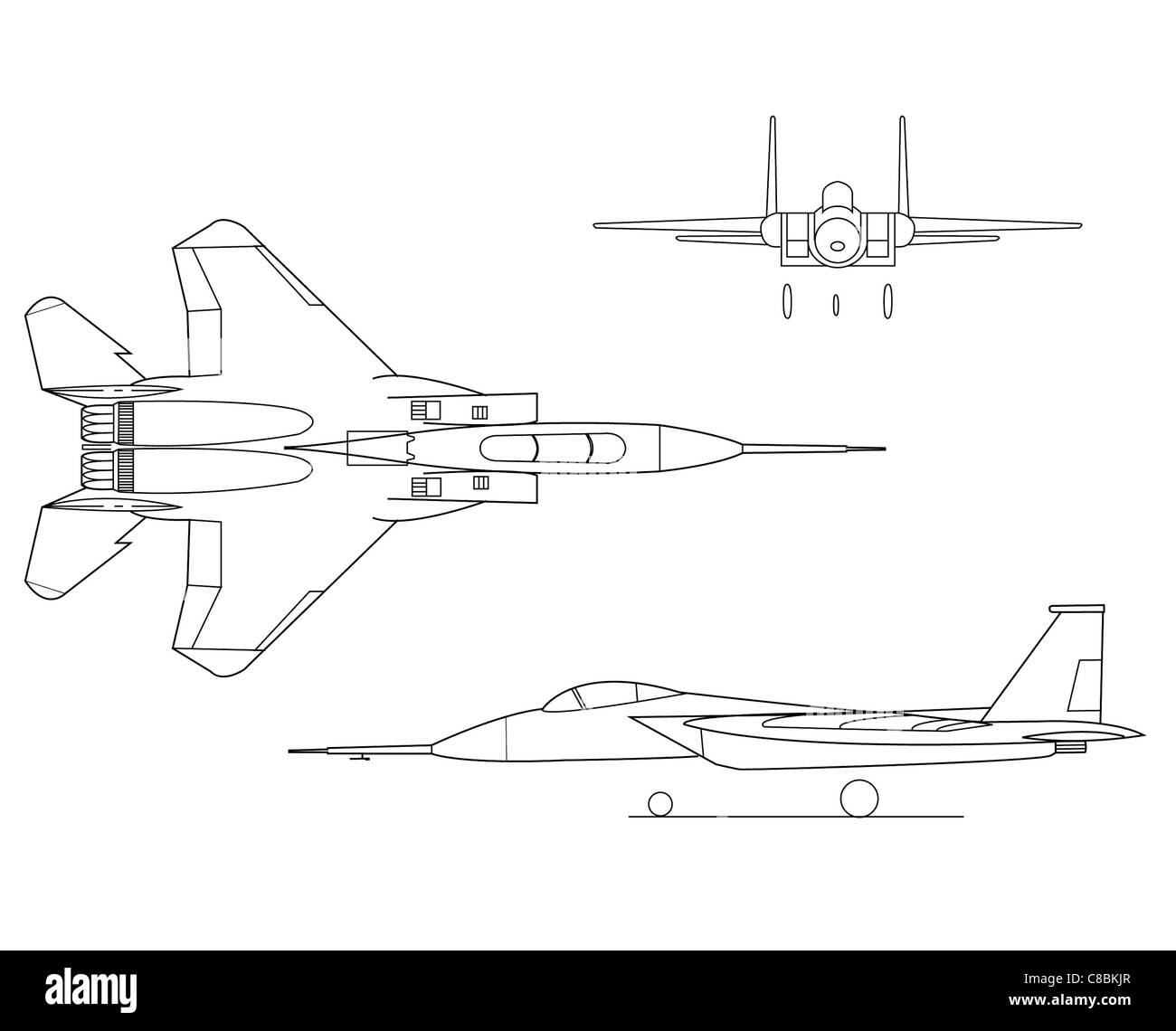 Die Zeichnung zeigt die F-15A Eagle, ein vielseitiges amerikanisches Kampfflugzeug, das für seine Geschwindigkeit und Agilität bekannt ist. Die F-15A war die erste Variante der Eagle-Serie, die für Luftüberlegenheit und Abhörmissionen konzipiert wurde. Stockfoto