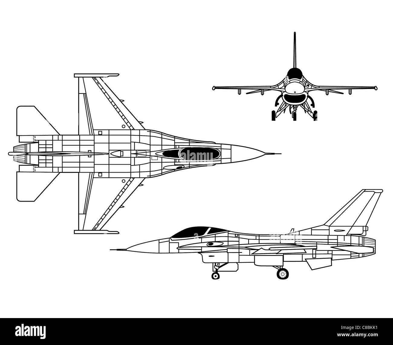 3 Ansicht Flugzeug Linie Kunst Zeichnung NASA einsitzige F-16XL (Schiff #1), Kennzeichen 849, Stockfoto