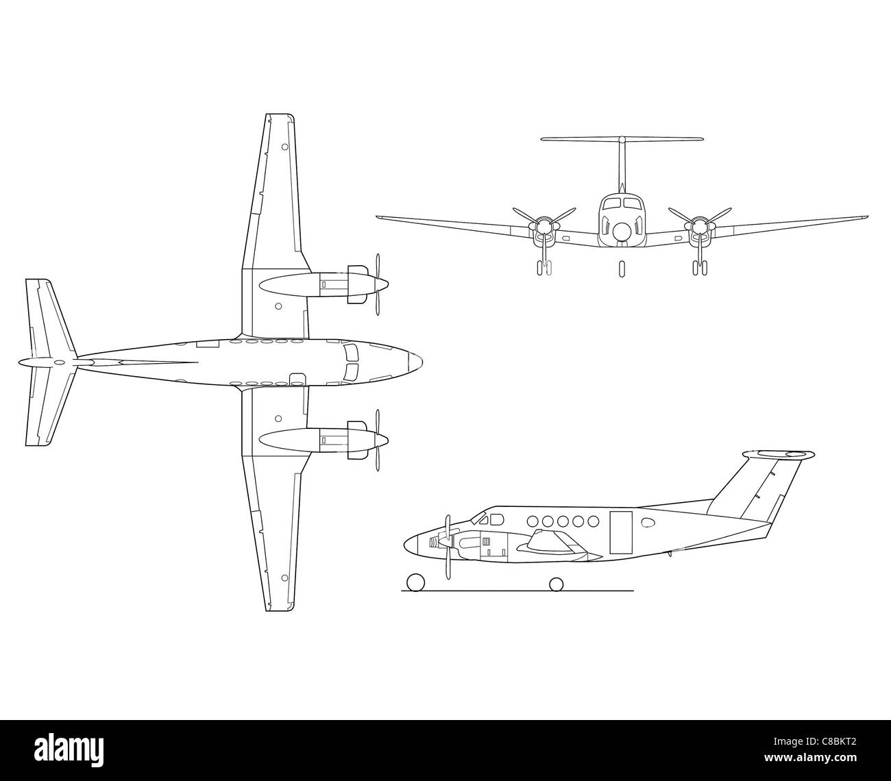 3 Ansicht Flugzeug Linie Kunst Zeichnung KingAir B200 Stockfoto