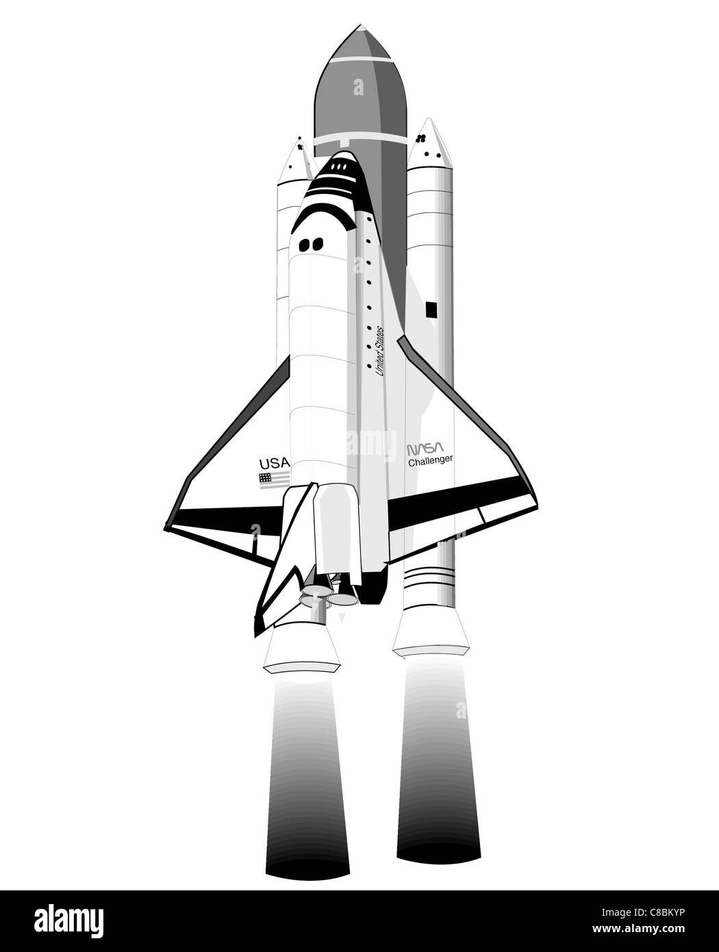Diese Zeichnung mit drei Ansichten zeigt das Space Shuttle während des Starts und zeigt die Startraketen und das Design des Hauptrahmens. Die Abbildung zeigt die entscheidende Rolle der Booster beim Anheben und Aufsteigen des Shuttles in den Weltraum. Stockfoto Diese Zeichnung mit drei Ansichten zeigt das Space Shuttle während des Starts und zeigt die Startraketen und das Design des Hauptrahmens. Die Abbildung zeigt die entscheidende Rolle der Booster beim Anheben und Aufsteigen des Shuttles in den Weltraum. Stockfoto