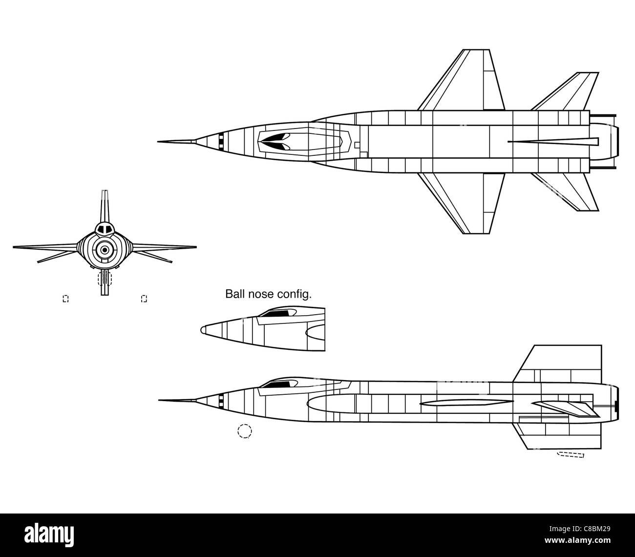Die X-15 ist in dieser Strichzeichnung aus drei verschiedenen Ansichten dargestellt. Dieses von der NASA entwickelte Versuchsflugzeug war in der Lage, den Rand des Weltraums zu erreichen und während seiner Betriebsjahre Geschwindigkeits- und Höhenrekorde zu setzen. Stockfoto