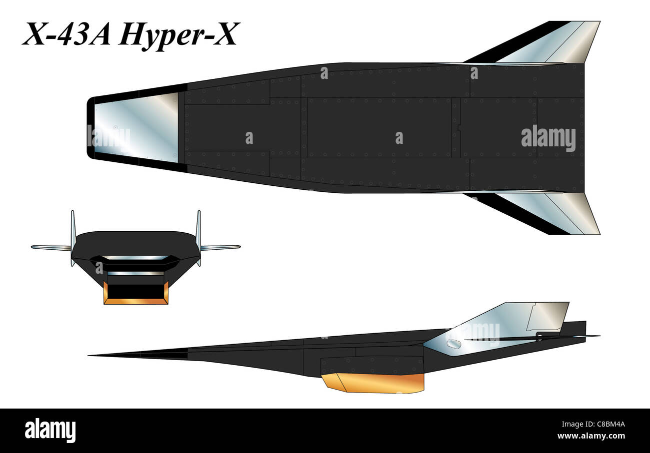 Das X-43A Unpiloted Hypersonic Research Vehicle ist ein hochmodernes Flugzeug für Hochgeschwindigkeitsflüge. Diese Zeichnung zeigt das Design dieses fortschrittlichen Forschungsfahrzeugs, das von der NASA für die Erprobung von Aerodynamik- und Antriebssystemen der nächsten Generation verwendet wird. Stockfoto