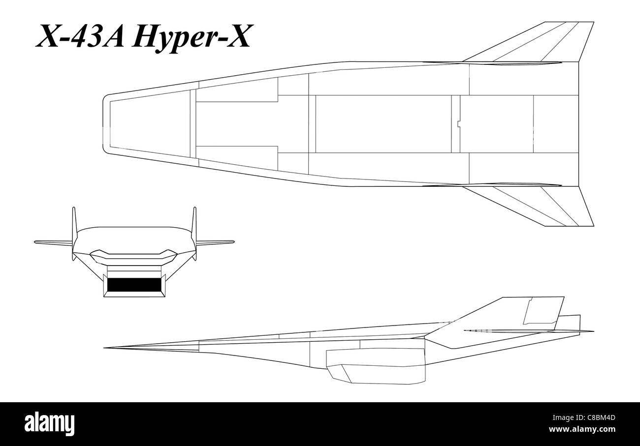 Der X-43A ist ein nicht gelenktes Hyperschall-Forschungsfahrzeug, das für Tests bei extremen Geschwindigkeiten entwickelt wurde. Sie ist Teil der Bemühungen der NASA, zukünftige Luft- und Weltraumtechnologien zu entwickeln, die Fluggeschwindigkeiten über Mach 5 demonstrieren. Diese 3-Ansicht-Zeichnung zeigt das stromlinienförmige Design des Flugzeugs. Stockfoto