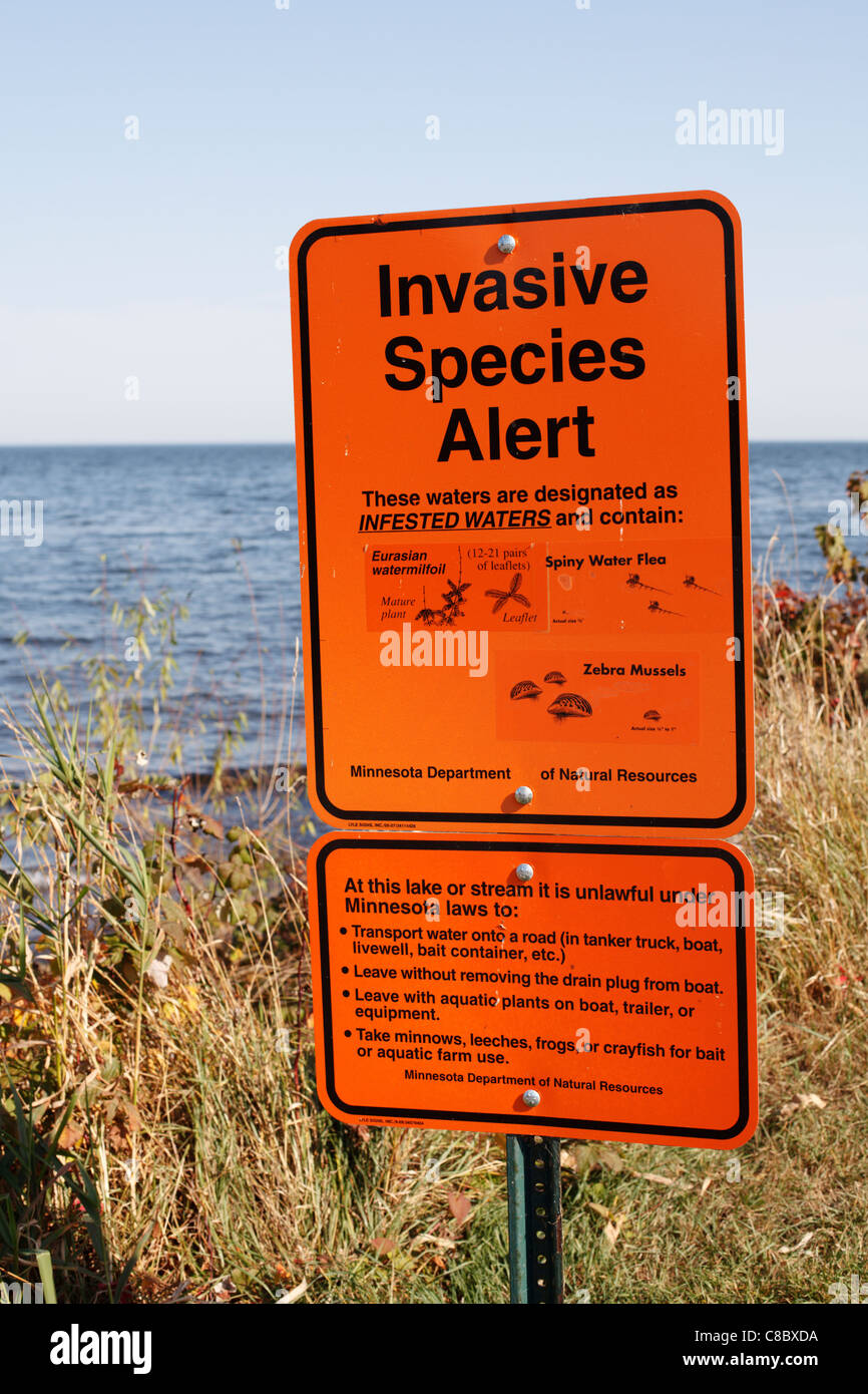 Ein Schild an Mille Lacs Lake in Minnesota Warnung invasiver Arten. Stockfoto