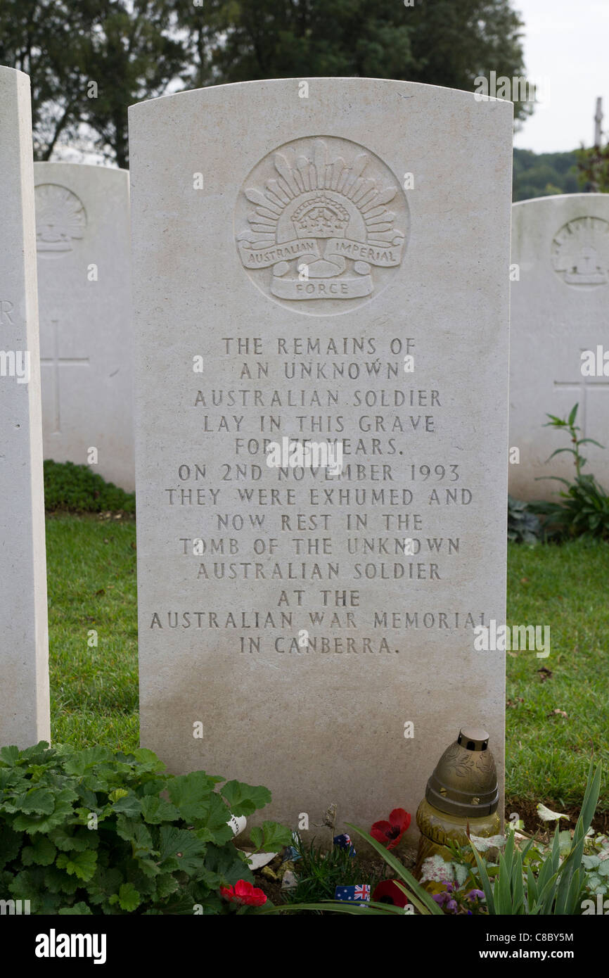 Ehemalige Grab des unbekannten australischen Soldaten auf Villers Bretonneux Stockfoto