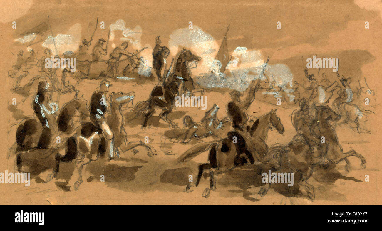 Eine Kavallerieattacke während USA Bürgerkrieg - Zeichnung auf braunem Papier, zwischen 1861 und 1865 Stockfoto