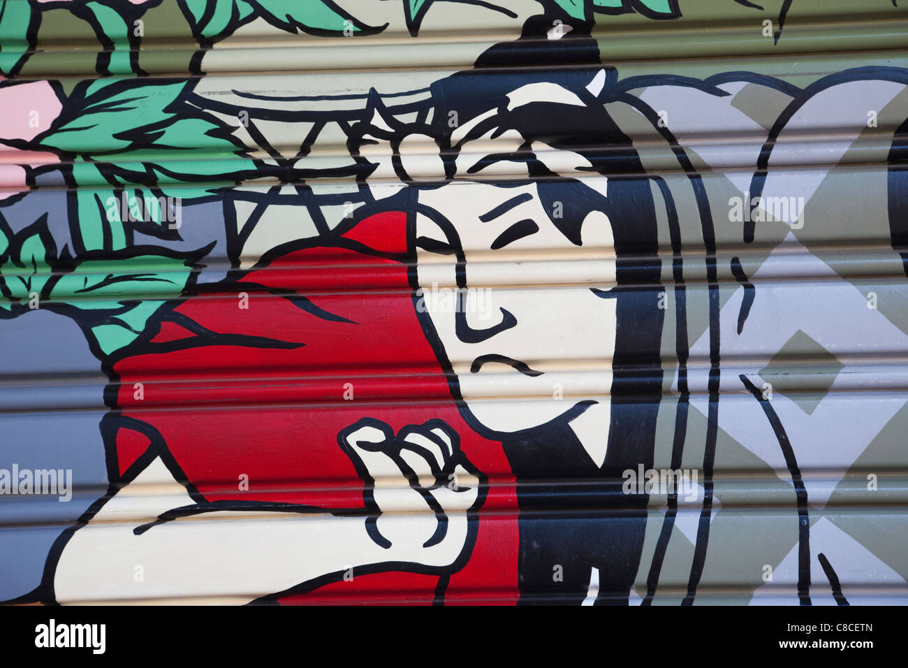 Japan, Tokio, Asakusa, Ukiyo-e-Stil-Kunstwerk auf Shop Fensterläden Stockfoto