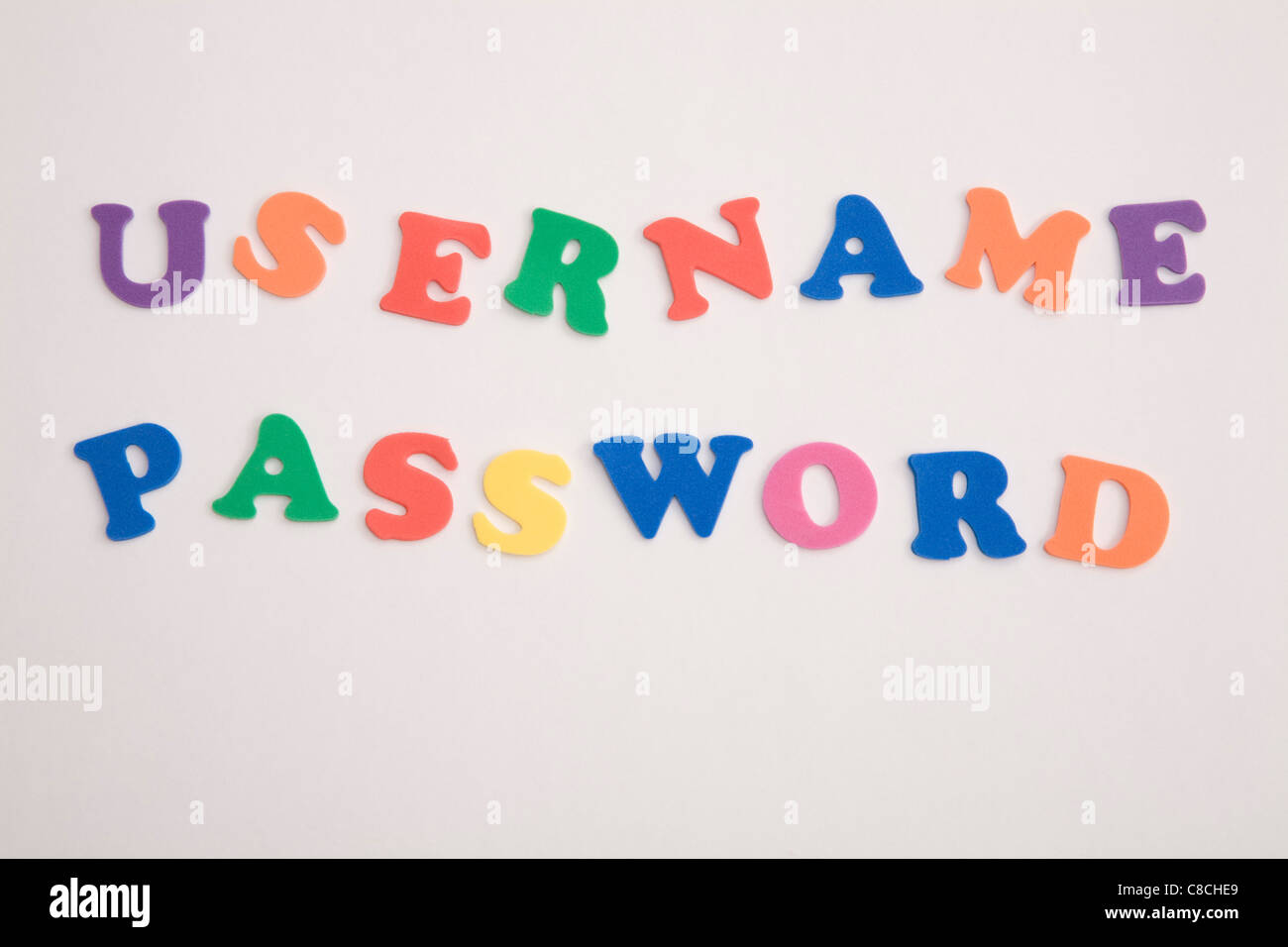 Benutzername und Kennwort Wort Rechtschreibung Stockfoto