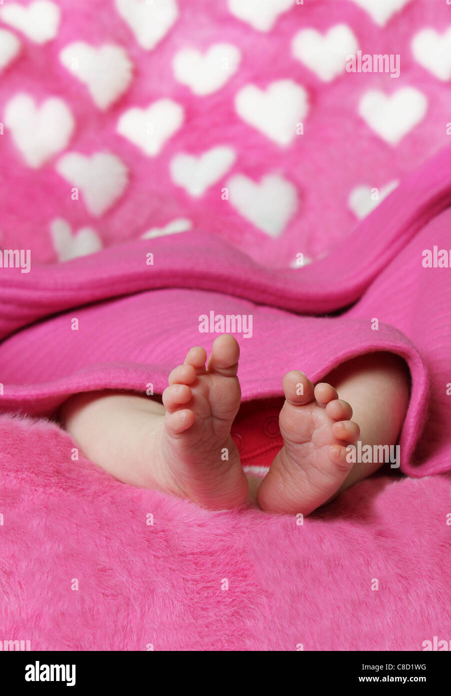 Baby-Füßchen auf rosa Fell Decke liegend Stockfoto