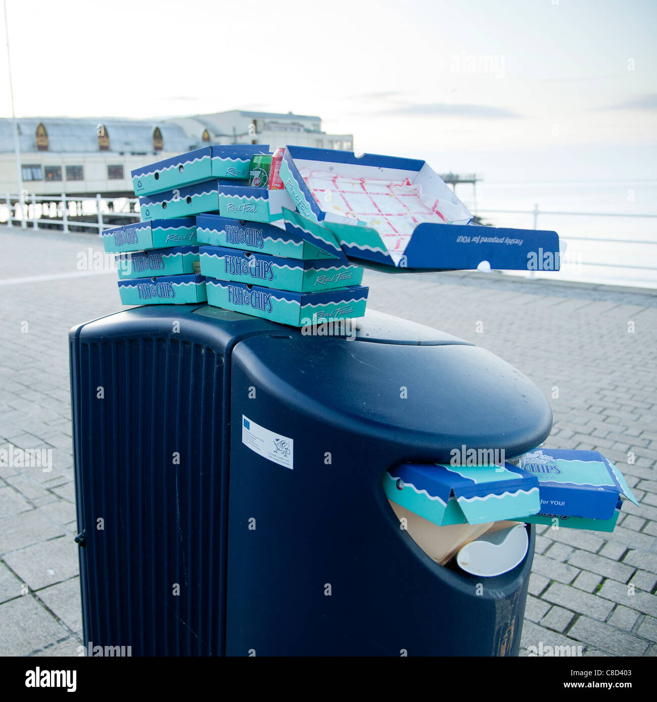 Mülltonnen voll von Take away Fast-Food Fish &amp; Chips Kartons Kartons, Aberystwyth, Wales UK Stockfoto