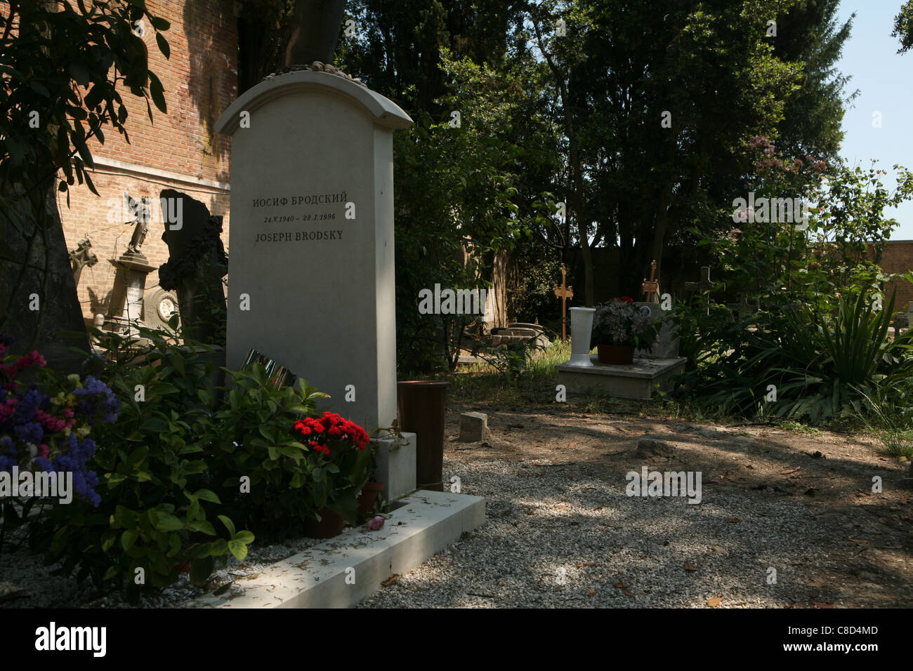 Grab des russischen Dichters und den Nobelpreis Nobelpreisträger Joseph Brodsky auf dem Friedhof San Michele in Venedig, Italien. Stockfoto