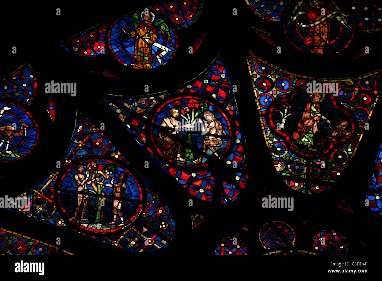 Nord-Rosette mit der mittelalterlichen Glasfenster repräsentieren die Schöpfung in der Kathedrale Notre-Dame in Reims, Frankreich. Stockfoto