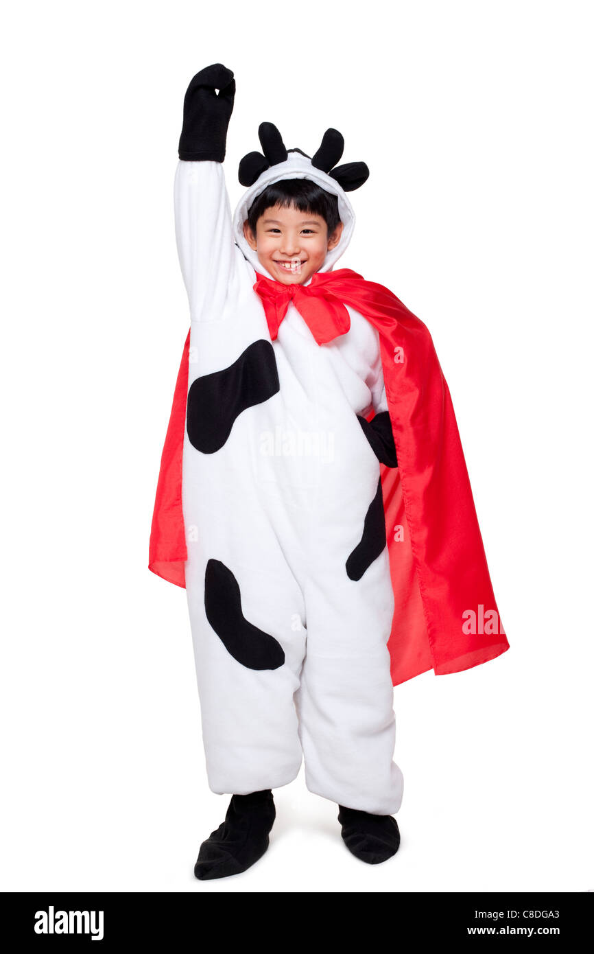 Junge gekleidet wie eine Kuh Superhero Stockfoto