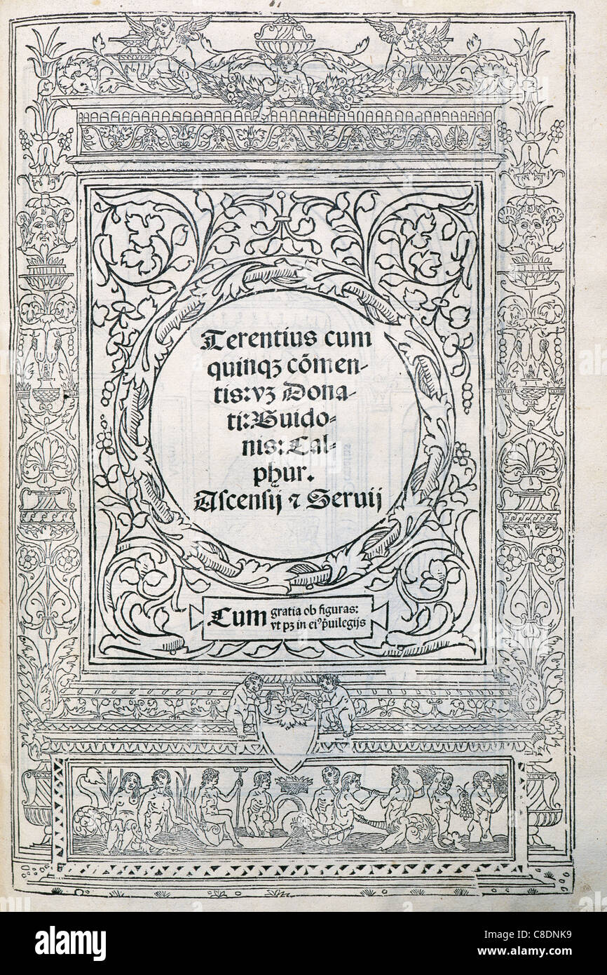 Terence (195-159 v. Chr.). Lateinischen Comic-Autor. Titel-Cover seiner Komödien. Zusammengestellt von Elio Donato (4. Jh.). 1518-Ausgabe. Stockfoto