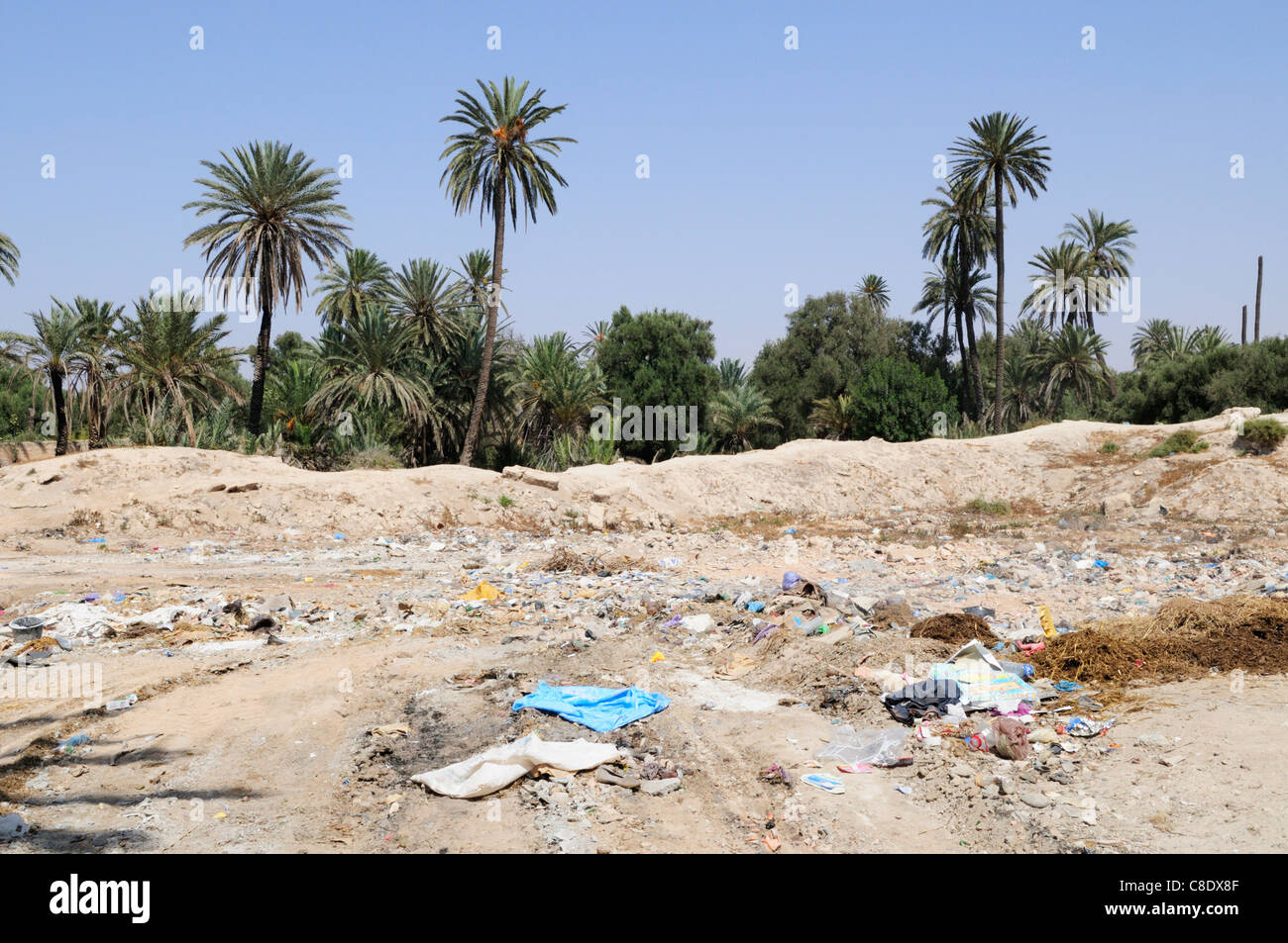 Müllkippe am Rande der Palmeraie, Tiznit, Souss-Massa-Draa Region, Marokko Stockfoto