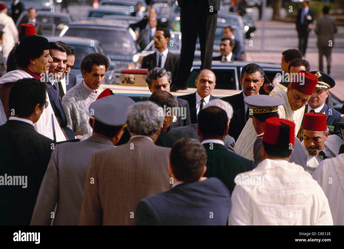 Norden die afrikanischen Führer Gaddhafi, Benjedid, Izzedine Ben Ali und Maaouya Ould Sid'Ahmed melden Sie host König Hassan von Marokko. Stockfoto