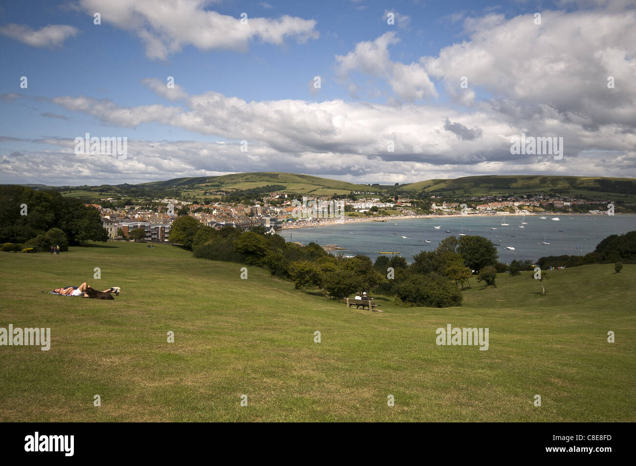 Blick über Swanage Bay auf der Isle of Purbeck, Dorset, England, UK Stockfoto