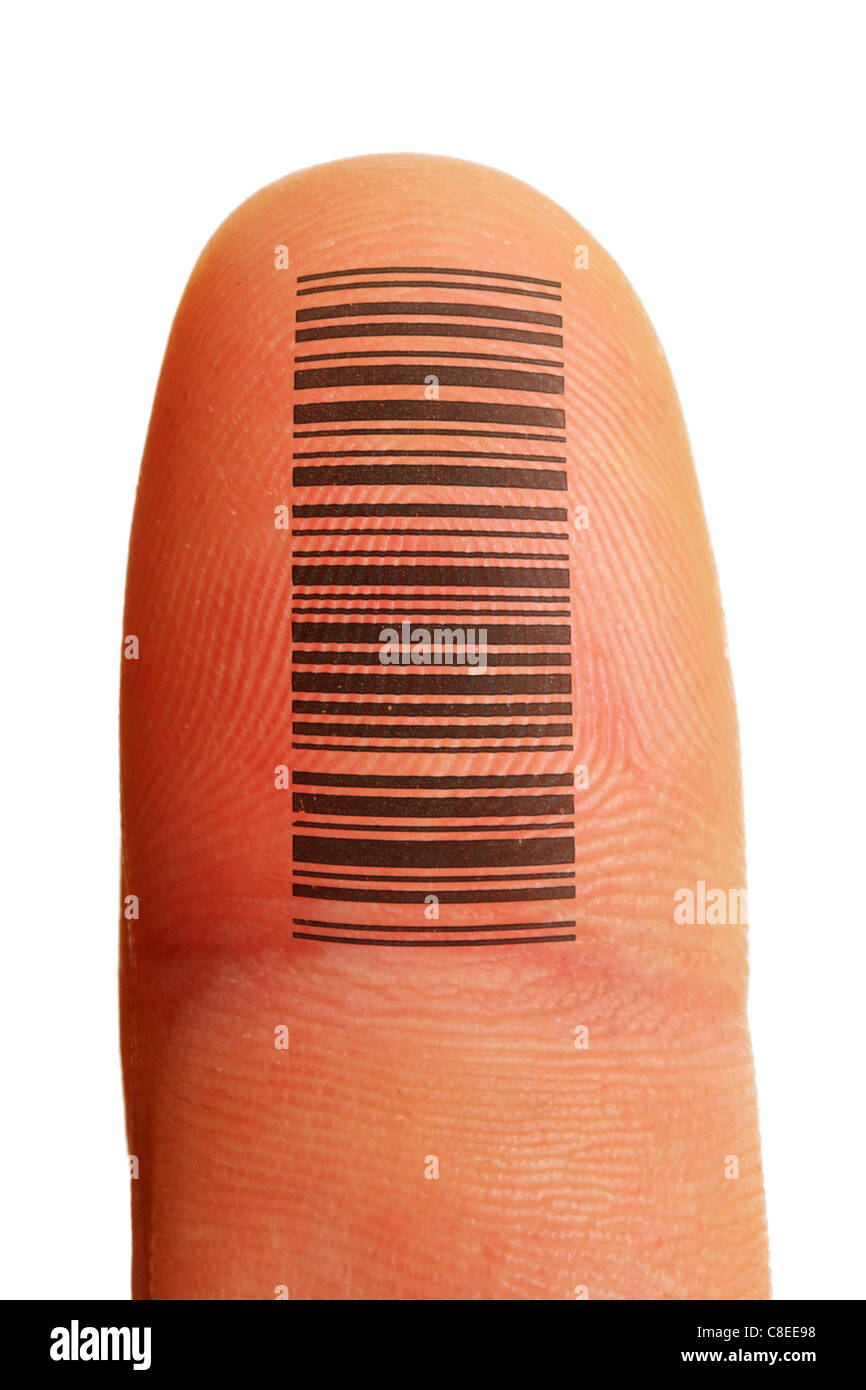 Finger-Id Identifikation mit Fingerabdruck und Tattoo barcode Stockfoto