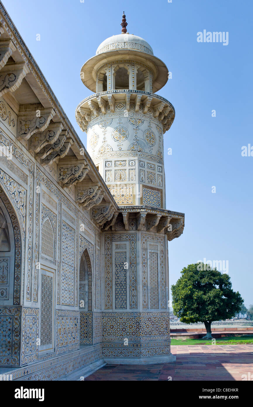 Pietra Dura-Stein und Juwel-Inlay schneiden in Marmor Fresken im 17. Jahrhundert Grab der Etimad Ud Doulah, Agra, Indien Stockfoto