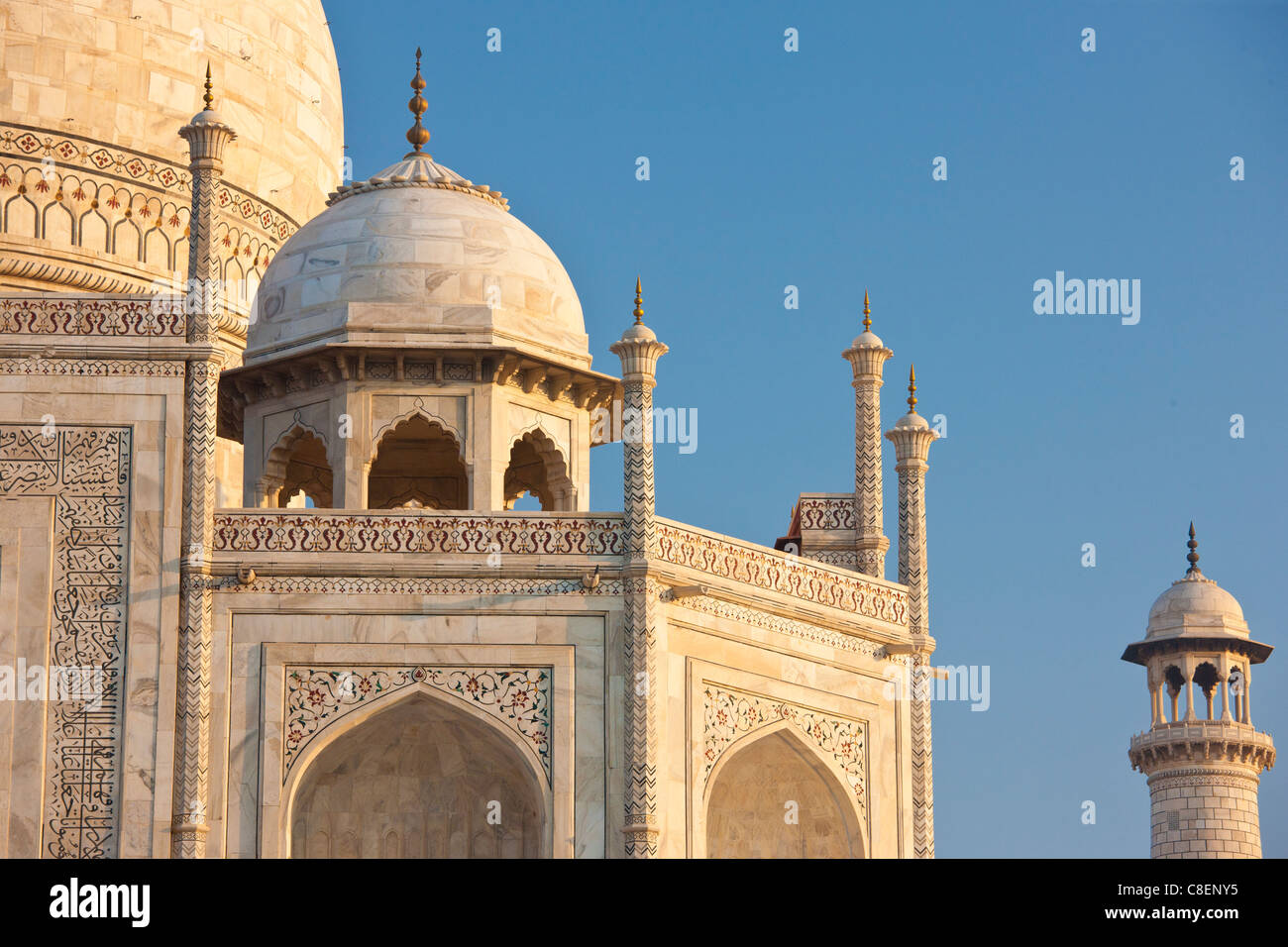 Das Taj Mahal Mausoleum westliche Ansicht Detail, Uttar Pradesh, Indien Stockfoto