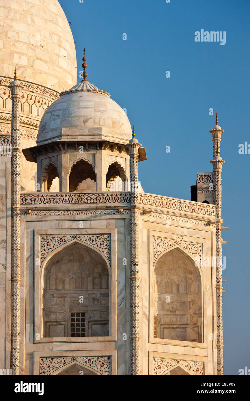 Iwans des Taj Mahal-Mausoleum, westlichen anzeigen Detail Diamant Facetten mit Bas Relief Marmor, Uttar Pradesh, Indien Stockfoto