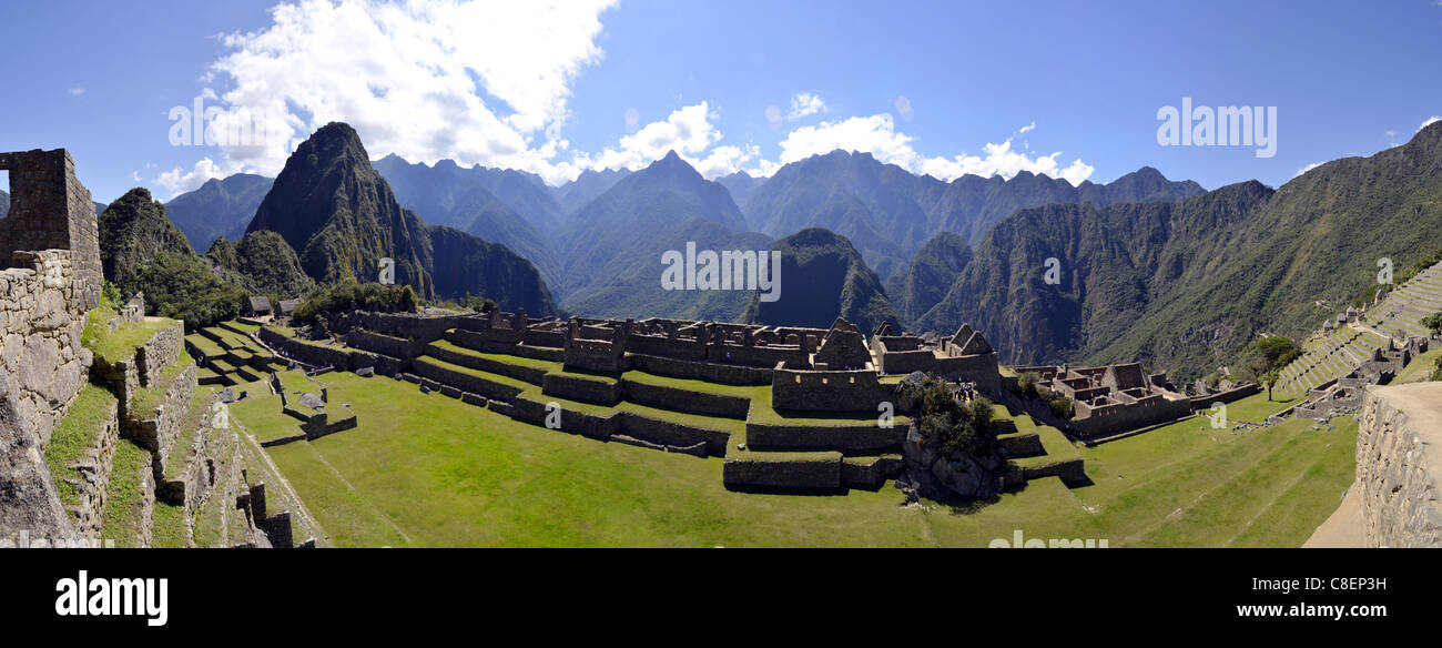 Machu Picchu Panorama Machu Picchu Macchu Pichu Unesco Weltkulturerbe Website heilig-Stadt Ruinen Inkatrail Peru Inka Reisen Mountai Stockfoto