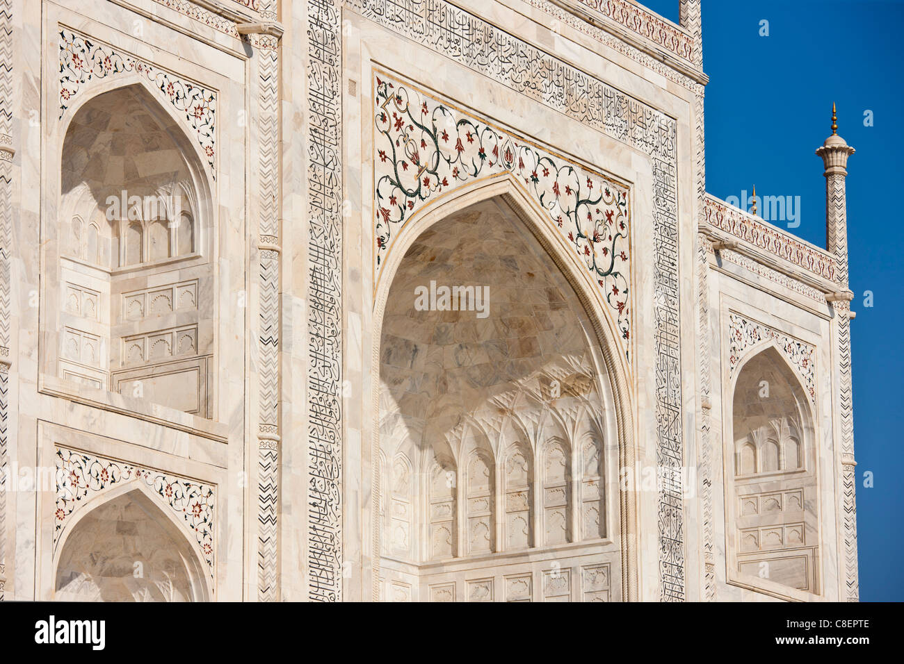 Iwans des Taj Mahal-Mausoleum, südlichen anzeigen Detail Diamant Facetten mit Bas Relief Marmor, Uttar Pradesh, Indien Stockfoto Iwans des Taj Mahal-Mausoleum, südlichen anzeigen Detail Diamant Facetten mit Bas Relief Marmor, Uttar Pradesh, Indien Stockfoto